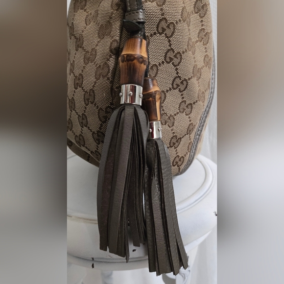 GUC Authentic Gucci GG Beige/ Gray Canvas Techno Horsebit Hobo Handbag - Picture 14 of 16